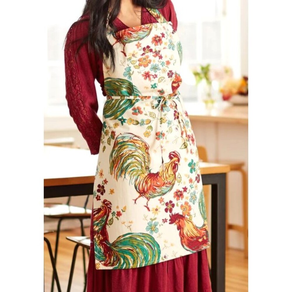 April Cornell Chef Apron Roosters Cream Ivory French Country Floral 100% Cotton